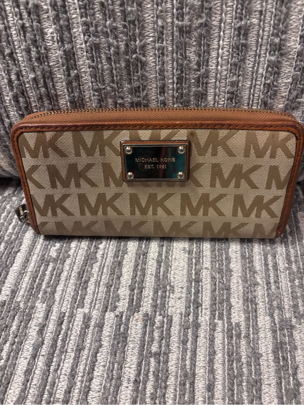 Michael Kors Beige and Brown MK Logo Zip-Around Wallet